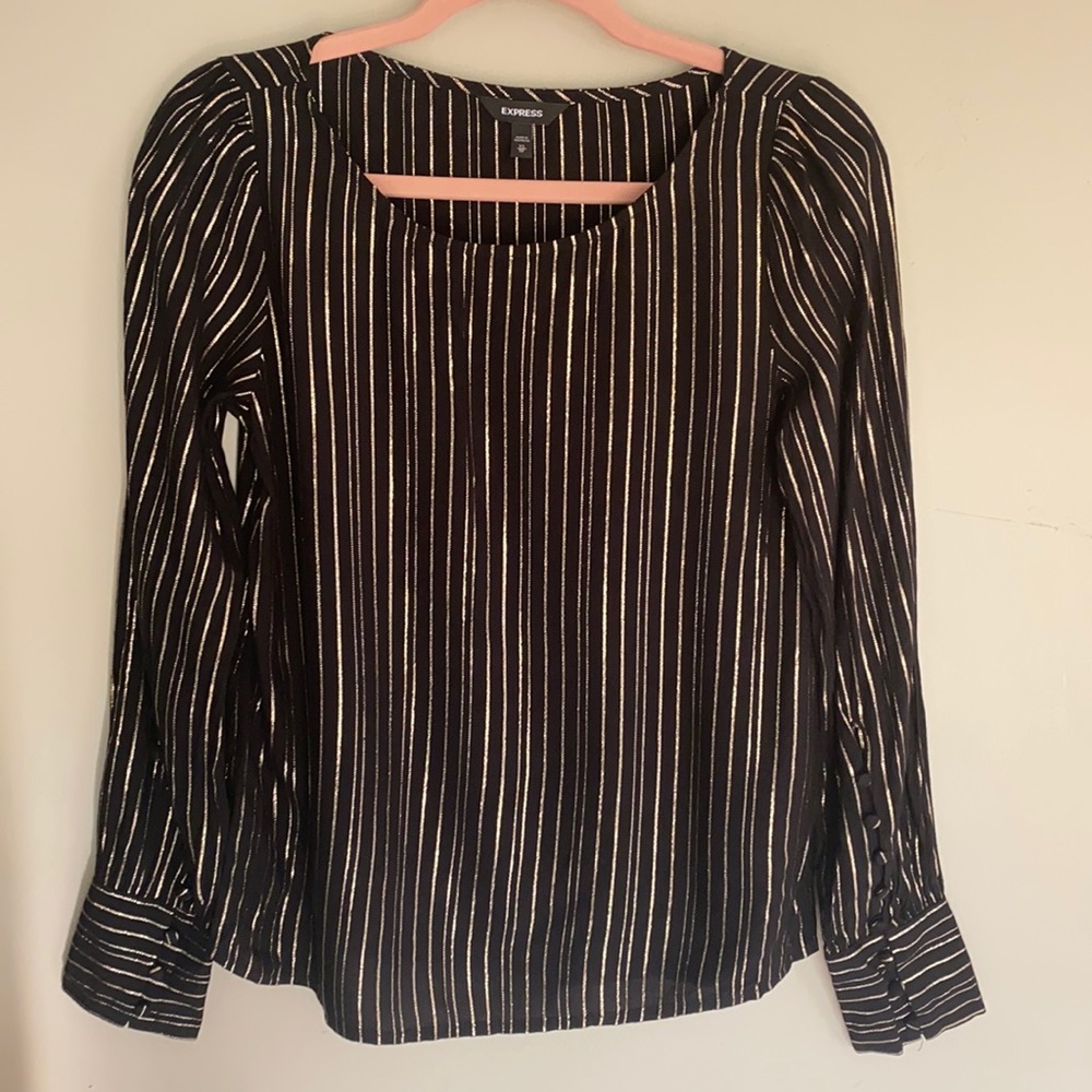 Express Striped Puff Sleeve Button Cuff Top - Xs
